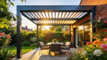 Elegant aluminium pergola in a Birmingham garden with outdoor seating, highlighting style and functionality