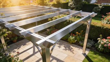 Aluminium pergola in a UK garden highlighting modern outdoor living features