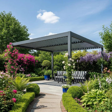 Aluminium pergola in a garden, enhancing outdoor living spaces