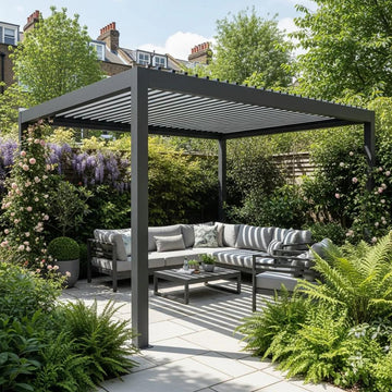 Aluminium pergola in a London garden, showcasing modern design and outdoor living