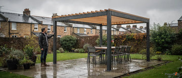 The open-beam design of a pergola creates shade throughout the day without blocking sunlight